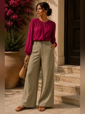 CAbi Linen Blend Wide Leg Pants – Coastal Quiet Luxury Khaki Trousers